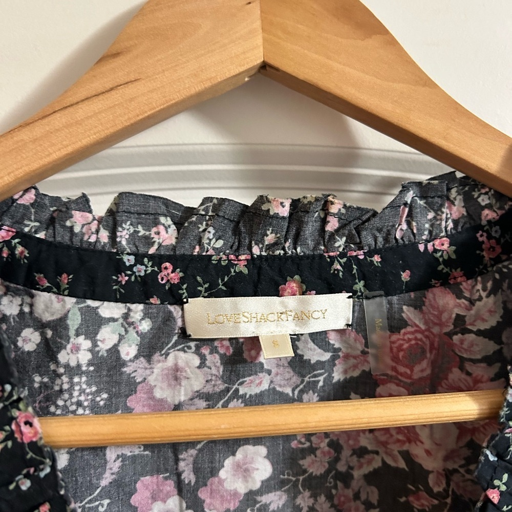 LoveShackFancy Women Black Floral Cotton Puff Sleeve Ruffle V-Neck Blouse Small - Picture 2 of 8
